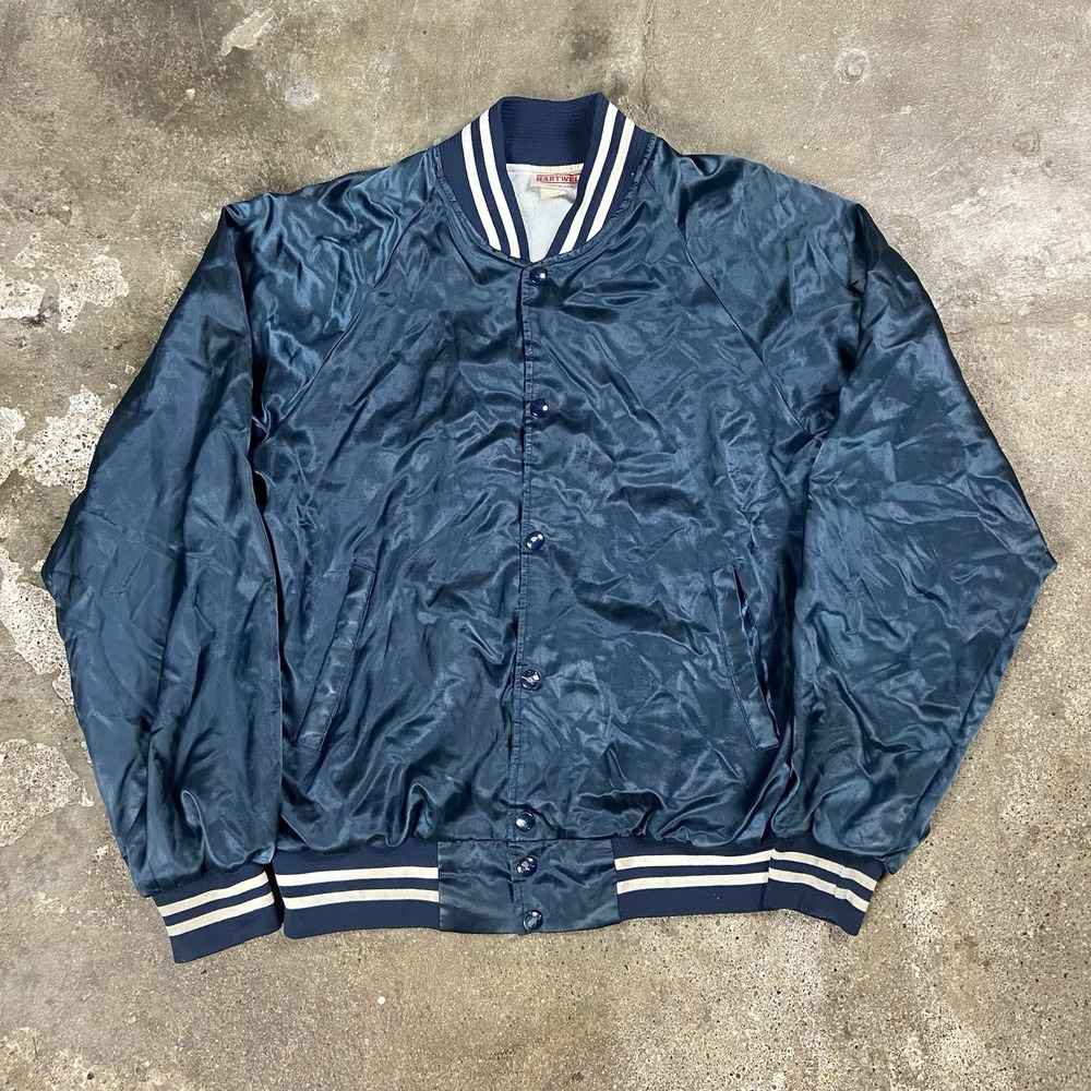 Vintage 80s Heartwell Bomber Jacket Size Large Blue Satin‎ Snap Down Iron Worker